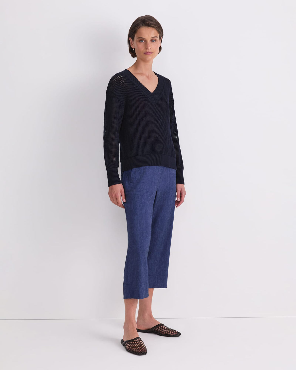 Cotton Crochet V-Neck Knit