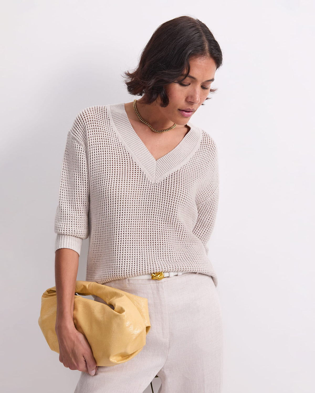 Cotton Crochet V-Neck Knit